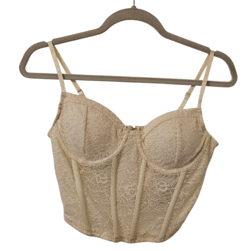 Cream Forever 21 Women's Floral Lace Corset Crop Top